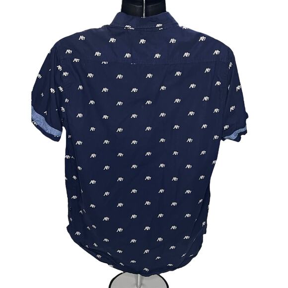 Aeropostale A87 Men’s Short Sleeve Button Up Shirt Large Navy Blue All Over Logo - Picture 11 of 11